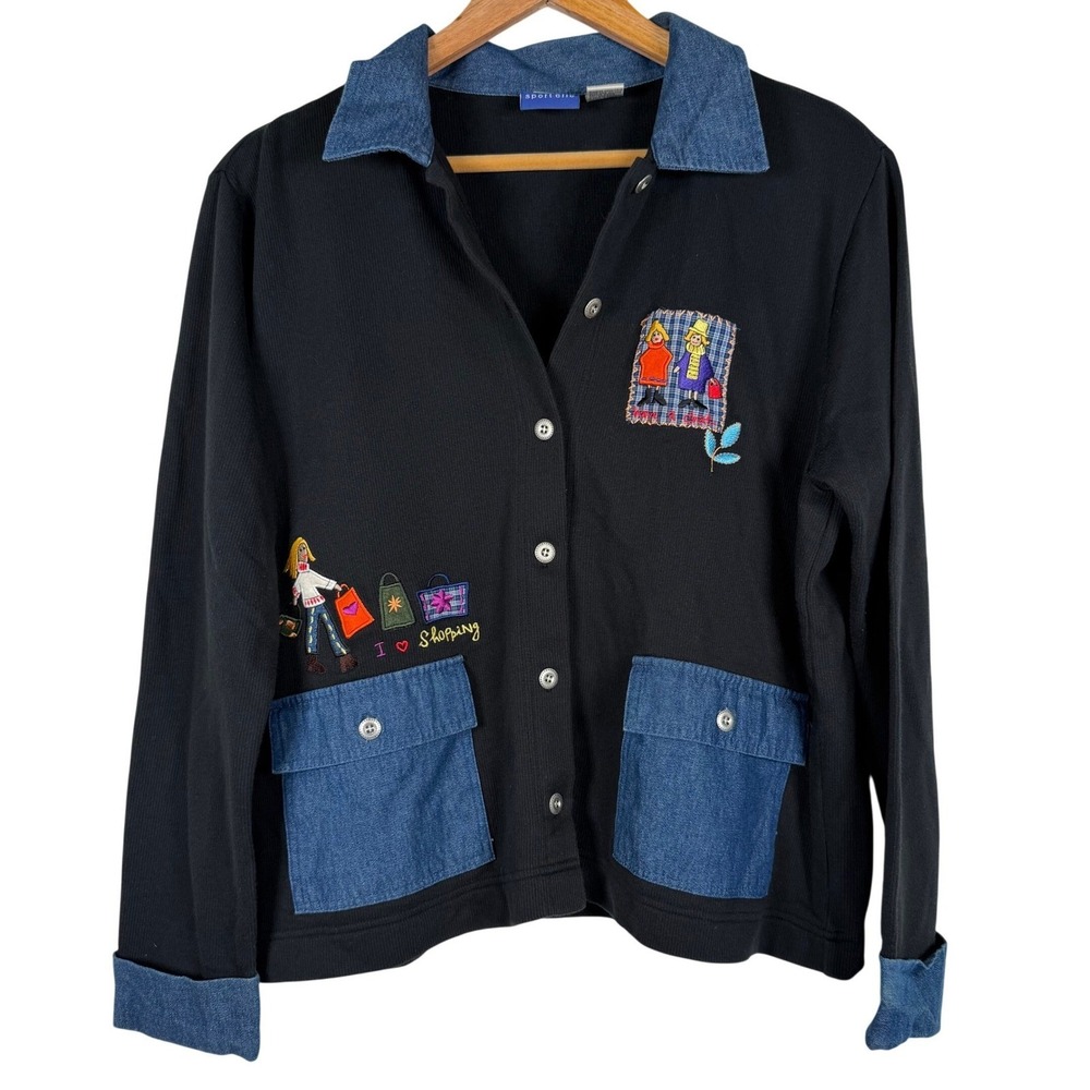 Sport Elle Cardigan Women Large‎ Black Denim Trim I Love Shopping Whimsical Knit
